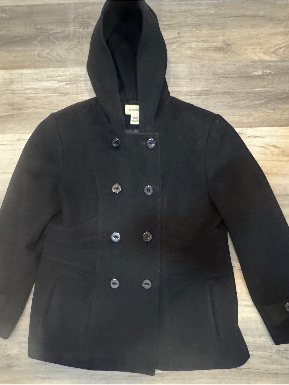 St. John's Bay Black Hooded Wool-Cashmere Blend Double-Breasted Peacoat